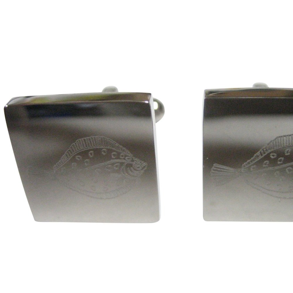 Silver Toned Square Etched Flounder Halibut Flatfish Cufflinks